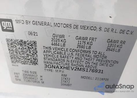 2021 Chevrolet Equinox Fwd Ls из США, поврежденный, VIN 3GNAXHEV2MS176931